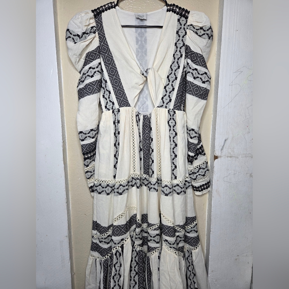 Hemant & Nandita Womens Moira Midi Dress Size M Cut Out Black Cream Embroidered